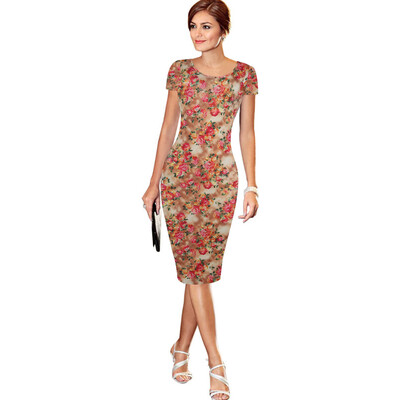 

2018 Summer Elegant Women Cocktail Party Short Sleeve Floral Dresses Knee-length Slimming Sheath Pencil Dress Bodycon