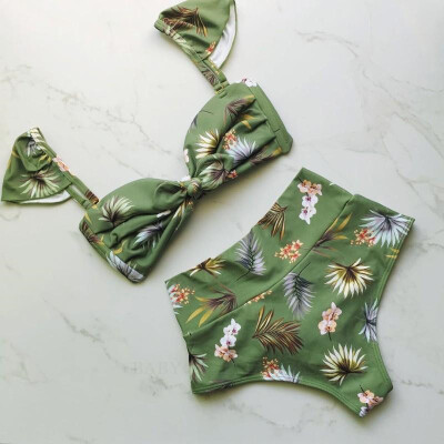 

Bowknot Bikinis Set Women Floral Printed Swimwear Green Low Hight Waist Swimsuit Bandage Bathing Suit Biquini