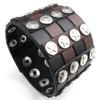 

Hpolw Wide Leather Pentagram Mens Bangle Cuff Bracelet Fits 75" to 85" Black Brown