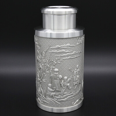 

Oriental Pewter-Pewter Tea Storage Caddy - Hand Carved Beautiful Embossed with God of Longevity &Hundred FU Tin 97 Lead-Free