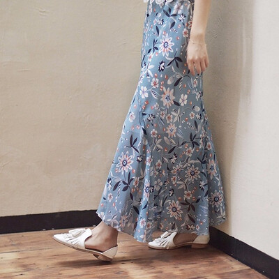 

Women Elegant Chiffon High Waist Floral Print Skirts Trumpet With Elastic Waist Casual Long Summer Skirt With Ruffles Decoration