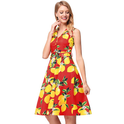 

Vintage 1950s Rockabilly Dress With Floral Lemon Print Party Women Dresses Style Sashes Slim Retro vestidos de festa