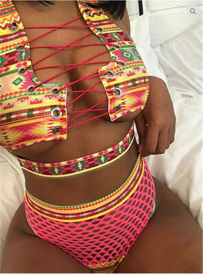 

Women Lace Up Bikini Set Push-up Padded Bra Mesh Swimsuit Bathing Suit Swimwear