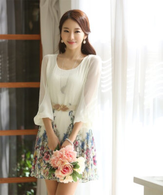 

New Fashion Women's Chiffon Floral 3/4 Sleeve Summer Casual Dress Beach Sundress With Belt