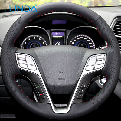 

LUNDA Black Genuine Leather Suede Hand-stitched Car Steering Wheel Cover for Hyundai Santa Fe 2013 2014 2015 Hyundai ix45