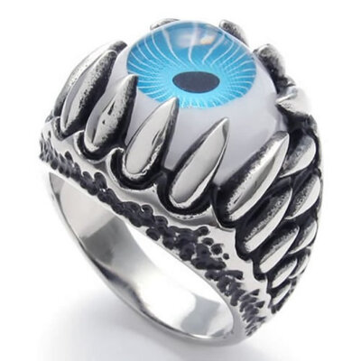 

Hpolw men Stainless Steel Gothic Dragon Claw blue eyes/Devil Eye Biker Men's Saphire Ring,Width:23mm