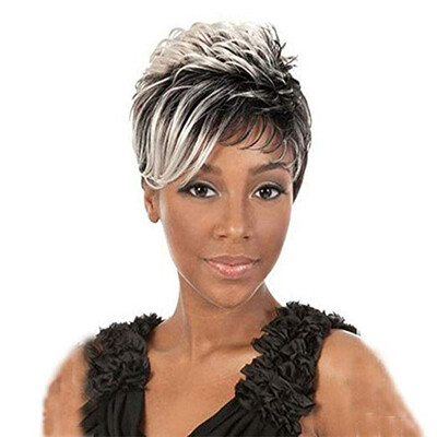 

QianBaiHui Ombre Silver Grey Short Curly Wigs for Black Women Afro Fluffy Curly Synthetic Hair Wigs Fashion Full Wig Wig Cap