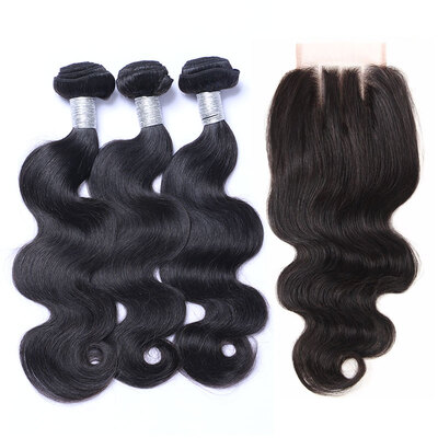 

8A Indian Virgin Hair Body Wave With Closure 3 Bundles Indian Remy Human Hair Weaves And Top Lace Closures 4 Pcs Lot Natural Black