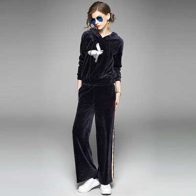 

2018 New Spring Casual Suits Hooded Embroidery Sweatshirt Long Straight Loose Pants Two Piece Tracksuits Sets