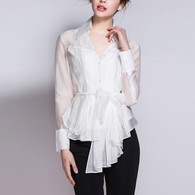 

Belt Shirt For Women Ruffles High Waist V Neck Long Sleeve Asymmetrical Blouse Thin Tops 2018 Spring Fashion New
