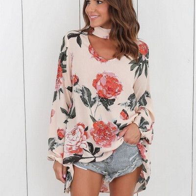 

New Fashion Women Floral Printing Tops Long Sleeve Halter V Neck Casual Blouse Shirt Plus Size S-3XL