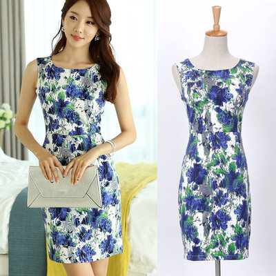 

Womens Dress OL Temperament Sleeveless Elastic O-Neck Slim Blue Floral Printed Dress Plus