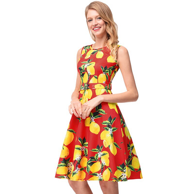 

A-line Tank Sleeveless Lemon Print Floral Retro Spring Summer ladies Dresses Robe Sexy O-neck Vintage Vestidos Dress