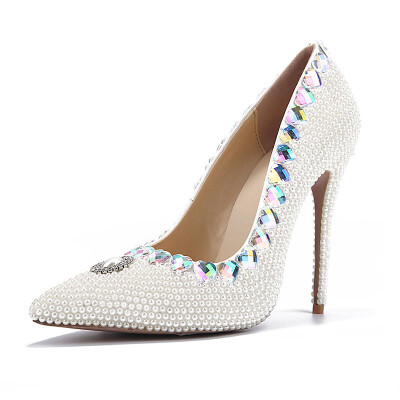 

White high-quality pearls high heels pointed shoes single colored shoes fine diamonds&wedding banquet shoes