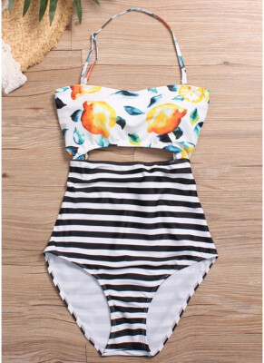 

2018 Floral Striped Halter One Piece Swimsuit