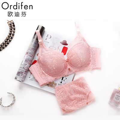 

Ou Difen Lady Bra Sexy Lace Side V Gathering 34 Thin Cup Adjust Widening Underwear Bra XB5308 Pink Rose 85C