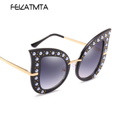

FEIZATMTA Cat Eye Солнцезащитные очки Женские Роскошные Большие Рамки Солнцезащитные Очки Мода Жемчужные Заклепки Декоративные Очки Женские Окулусы UV400