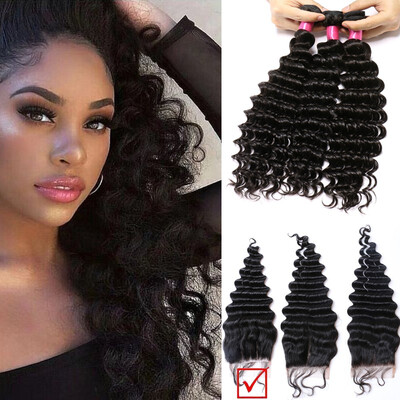 

i-Dishy Hair Products Brazilian Virgin Hair Deep Wave 8A Grade 100 Unprocessed Human Hair 3 Bundles with Closure Natural Black