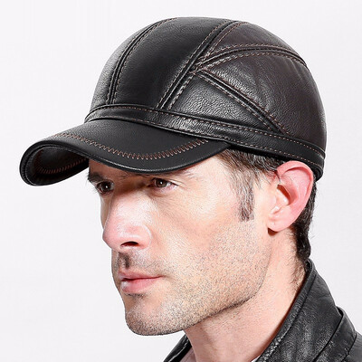 

Youn Man Cowskin Genuine Leather Hat Adult Baseball Caps Mens Warm Earflap Hat Flat Eearprotection Casual Hat B-7220