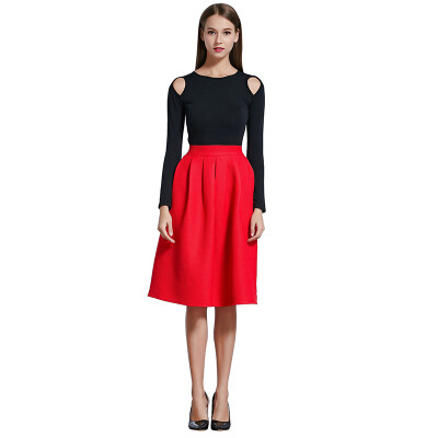 

POPBASIC Women's High Elastic Waist Flare Pleated A-line Midi Skirt