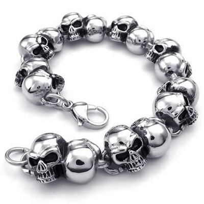 

Hpolw Mens Stainless Steel Bracelet Biker Gothic Skull Silver