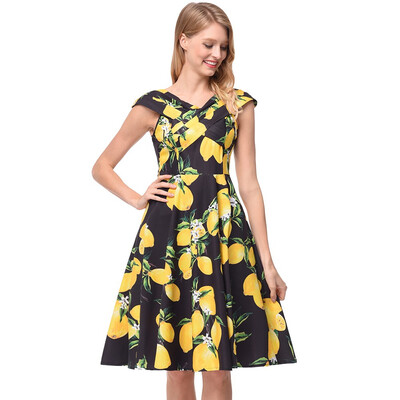 

Women Sexy Bandage 2018 Vintage V-neck Empire Lemon Prnt Floral Dresses Summer Spring A-line Sleeveless Vestido Bandage