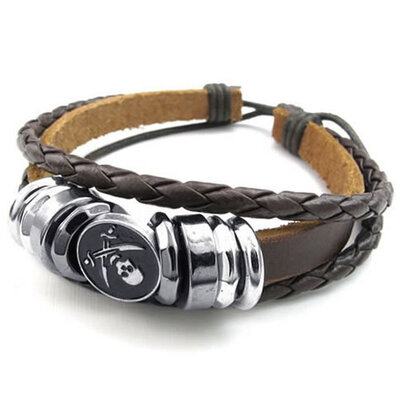 

Hpolw Mens Womens Leather Bracelet Pirate Skull Charm Bangle Fit 7-9 inch Brown
