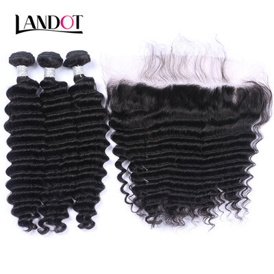 

8A Cambodian Deep Wave Curly Virgin Hair With Ear To Ear 13x4 Lace Frontal Closure 3 Bundles Human Hair Weaves Closures 4 Pcs Lot