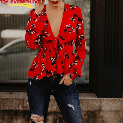 

Try Everything Print Floral Tunic Long Sleeve Blouse Women Summer 2018 Sexy Deep V Neck Ladies Tops And Blouses Spliced Shirt