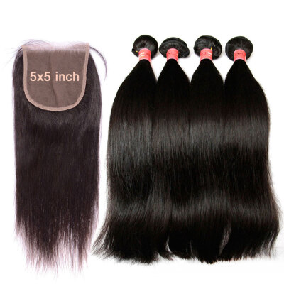 

10A 5x5 Lace Closure With 3 Bundles Unprocessed Peruvian Straight Virgin Human Hair Weave And Closure Natural Color Can Bleach 613