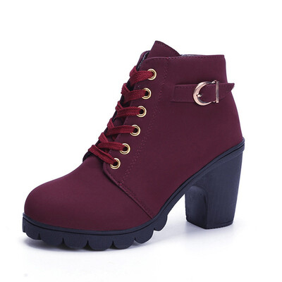 

2018 New Autumn Winter Women Boots High Quality Solid Lace-up European Ladies shoes PU Fashion high heels Boots