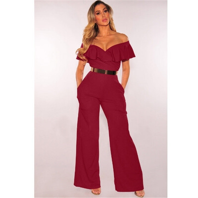 

2018 New Fashion Women Sexy Strapless Jumpsuit Falbala Neckline Solid Color Off Shoulder Casual Jumpsuit