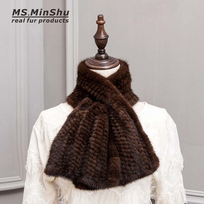 

MSMinShu Hand Knitted Mink Fur Scarf Fashion Real Fur Scarf Wraps Woven Women Neck Warmer Luxury Mink Fur Shawl Winter Scarf