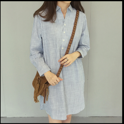 

Lovaru ™ Fall 2015 new han edition small lapel bust button pinstripe cotton long sleeve shirt skirt teamed ChaDou