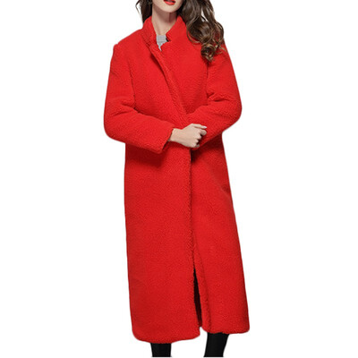 

2018 Winter&Spring New Red Thick Lamb Long Elegang Alpaca Warm Coat Female