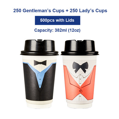 

OTOR 382ml Paper Cups for Milk Tea Coffee Thickened Double Wall Heat-Insulated Cup with Cover Party Anniversary Cup 500pcs