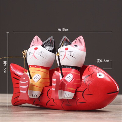 

Japanese hand-carved wooden cat fish couple home crafts animal furnishings home decoration birthday gift
