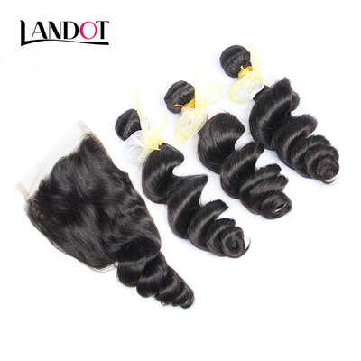 

8A Peruvian Loose Wave Virgin Hair With Closure 4 PcsLot Peruvian Loose Curly Wavy Human Hair Weaves 3 Bundles And Lace Closures