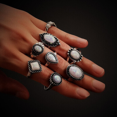 

8PCSSet Fashion Vintage Opal Knuckle Rings Set For Women Boho Geometric Pattern Rings Party Bohemian Jewelry