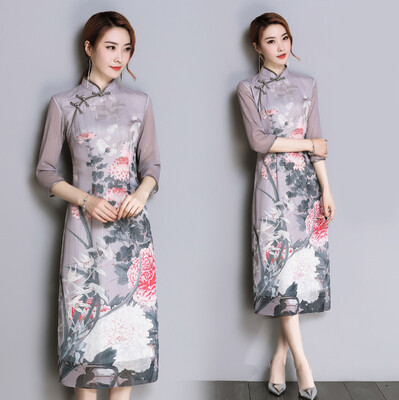 

2018 лето новый стиль рукав Cheongsam ретро сшивание печатных платье