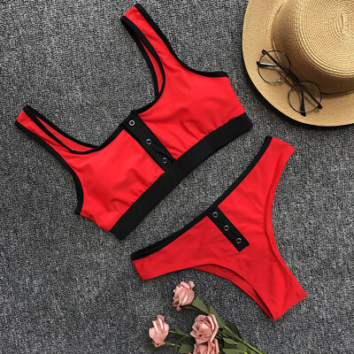 

Solid Button Maillot De Bain Femme New Arrival Sexy Beach Wear Concise Low Waist Bikini Sets Strappy Push Up Swimsuit