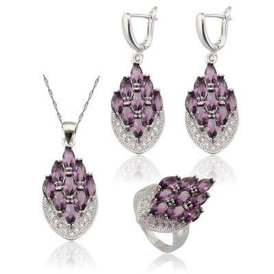 

Geometric Purple Stone Silver Plated Jewelry Sets for Women Choker Dangle Earrings Ring Free Jewelry Box