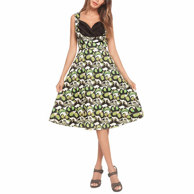 

BOFUTE New Europe America Womens Dresses Tube Top Contrast Color Printing V-Neck Hepburn Big Pendulum Dress A0016