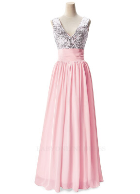 

V Neck Sequined Chiffon Long Prom Dresses Sleeveless Formal Party Evening Bridesmaid Dresses