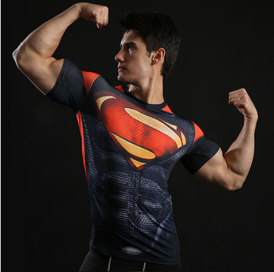 

Summer Mens Fashion Compression T shirts Tights Long Sleeve Training Workout Round Necks 3D Superman Fitness Tee Shirts