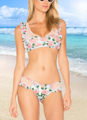 

2018 Sexy Women Two Piece Swimsuit Floral Print Mesh Ruffled Beach Swimwear Bikini Set Bathing Suit Pink