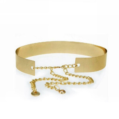 

Womens Gold Full Metallic Bling Mirror Plate Wide Waist Metal Chain Skinny Belt