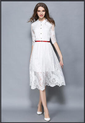 

S M L XL new summer 2018 women lace long dress half sleeve a line black white hollow out elegant vintage mid calf with belt
