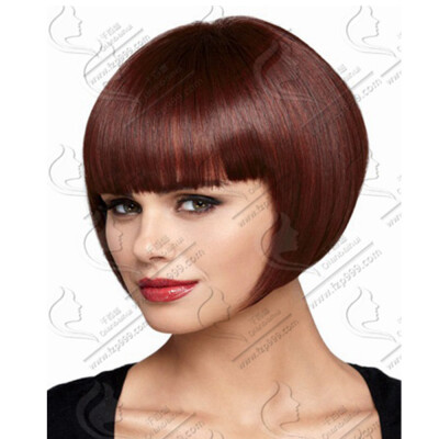 

QianBaiHui Womens Short Straight Bob Wigs with Hair Bangs Imported Heat Resistant Dark Brown Synthetic Hair Wigs with Wig Cap