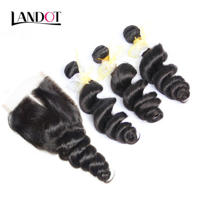 

8A Peruvian Loose Wave Virgin Hair With Closure 4 PcsLot Peruvian Loose Curly Wavy Human Hair Weaves 3 Bundles And Lace Closures